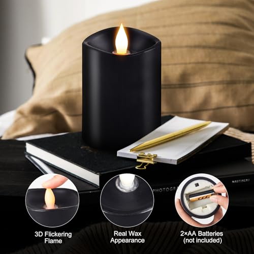 Image of 3x4 Flickering Flameless Candles Set of 1,Real Wax Pillar led Candles Flickering,with Timer,4 inch Flameless Candles with Remote,for Holiday Home Decor Party,Black