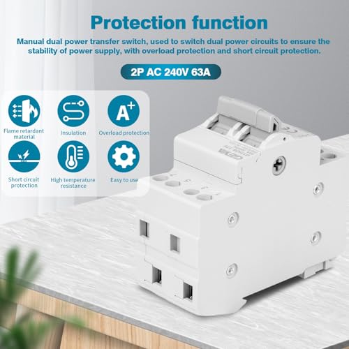 Jadeshay Transferschalter, Umschalter 2 Polig 63A Lasttrennschalter Manueller Transferschalter Notstrom Umschalter 240V AC, 35 mm Din-Schienenmontage