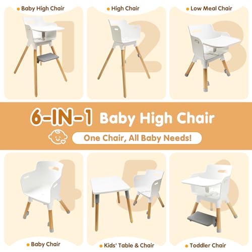 6-in-1 Baby High Chair, Convertible Highchair for Babies & Toddlers, Adjustable Table & Chair Set, Beech Wooden Baby Chair with Removable Tray & Footrest (White) - Image 3