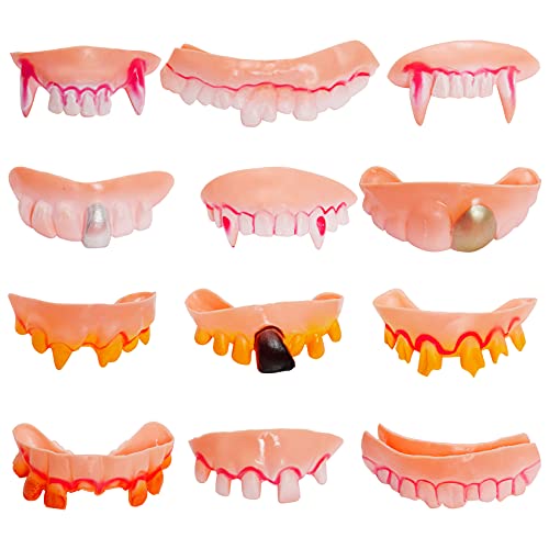 Rbenxia 12 Pieces Gnarly Teeth Gag Teeth Ugly Fake Blood Teeth Vampire Denture Teeth for Halloween Easter April Fool's Day Costume Party Favors Photos Props (12 Blood Styles)