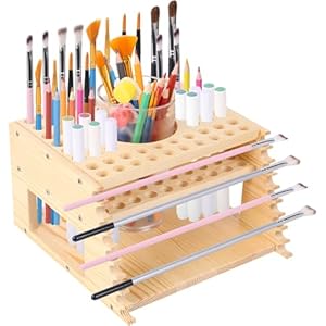 Wooden Paint Brush Holder – 73 Holes Paintbrush Organizer with Paint Brush Cleaner, Artist Supply Stand Rack for Pen,Pencil, Watercolor Brush