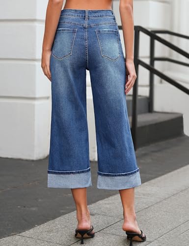 Vetinee Capris Jeans for Women Wide Leg High Waisted Trendy Fold Hem Summer Casual Stretchy Denim Jean Capri Pants2