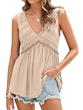 Glamaker Women Summer Tank Tops Baby Doll Beach Fashion Cruise Lace Peplum Tops Flowy Sleeveless V Neck Casual Tunic Shirts (Apricot M)