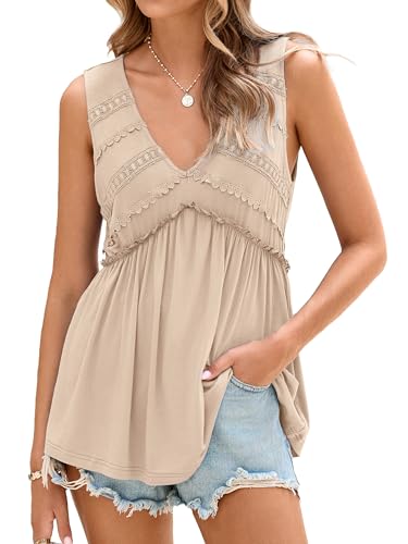 Glamaker Women Summer Tank Tops Baby Doll Beach Fashion Cruise Lace Peplum Tops Flowy Sleeveless V Neck Casual Tunic Shirts (Apricot M)