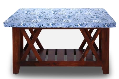 Image of The Furnishing Tree Elastic Cotton Square Center Table Cover 26x26 in Inches Floral White Rose on Blue Base