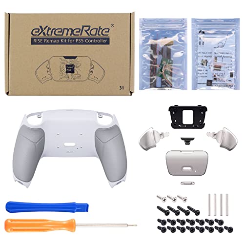 Extremerate Silver Real Metal Buttons (Rmb) Version Rise 2.0 Remap Kit For Ps5 Controller With Gray Rubberized Grip White Back Shell, Upgraded Programable Back Buttons Attachment For Ps5 Controller #TOP2