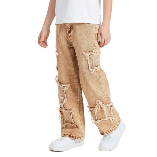 Boys Jeans Kids Baggy Y2K Star Graphic Ripped Wide Leg Elastic Waist Denim Pants Fashion Hip Hop Streetwear