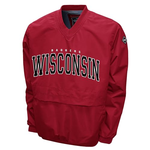 2Bhip NCAA Wisconsin Badgers Adult Red Lightweight V-Neck Windbreaker Wind Shirt Pullover Jacket For Men