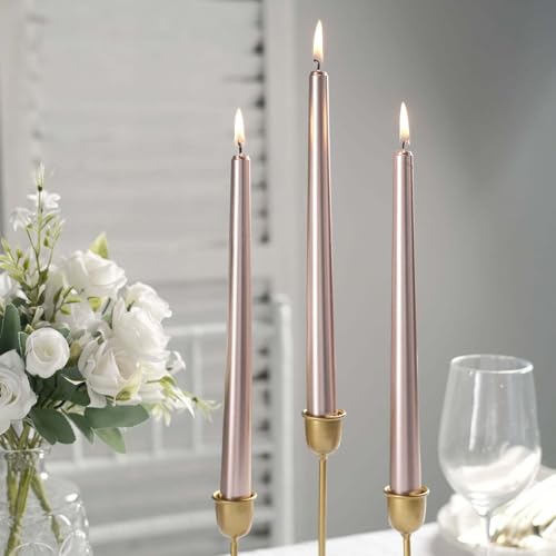 Efavormart 12 Pack 10" Metallic Rose Gold Unscented Taper Candles, Premium Wax with Cotton Wick for Luxury Wedding Centerpieces and Holiday Table