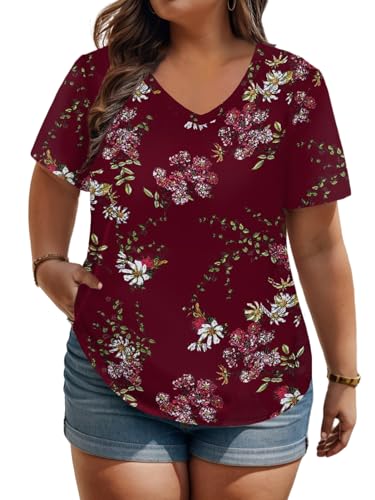 ROSRISS Womens Short Sleeve T Shirts Loose Casual Plus Size Tunics Tops 22W