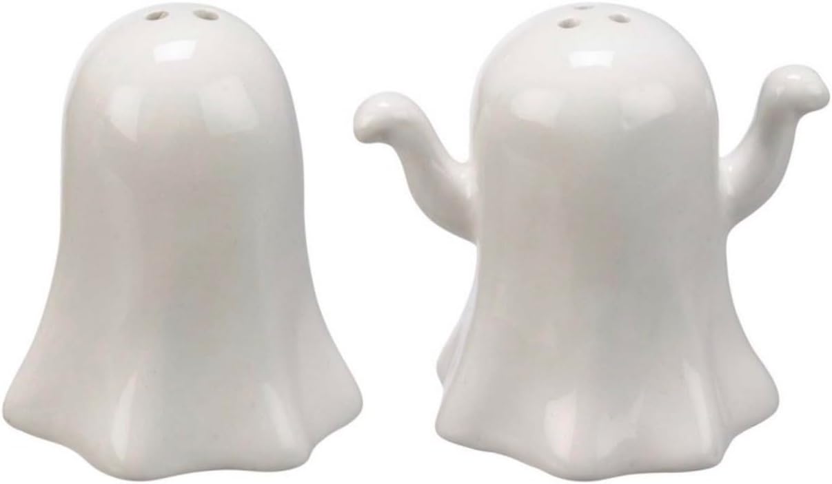 Ghost Salt and Pepper Shaker Set, Ceramic, White, Halloween Theme, Funny Faces
