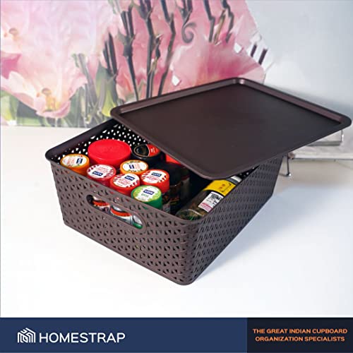 Image of Homestrap Set Of 3 Plastic Storage Organizers /baskets With Lid For Kitchen, Clothes, Multipurpose Vegetables, Toys, Books, Office, Stationery, Wardrobe(Medium| Brown)
