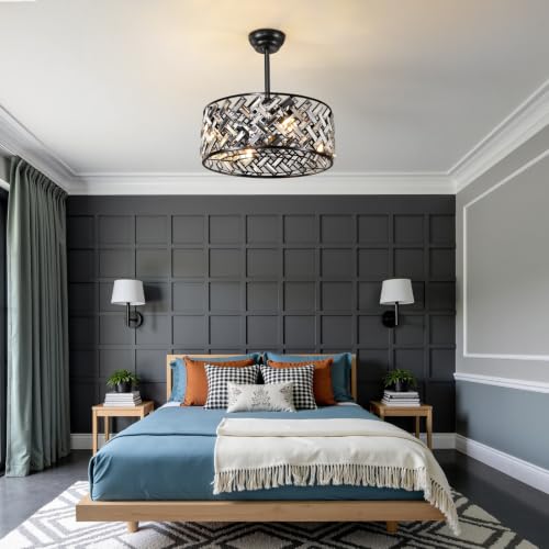 Crystal Caged Ceiling Fan Lights: 20'' Black Fandelier Ceiling Fan Light with APP Control/Remote/6 Speed/Timer Semi Flush Mount Industrial Fandelier for Bedroom Living Dining Room Kitchen, E12 Base by WOSHITU - Used condition - Image 7