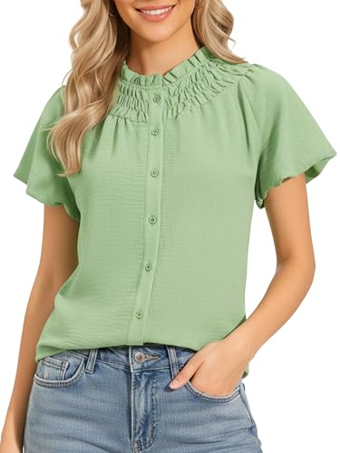 Image of Allegra K Puff Sleeve Tops for Women's Casual Ruched Button Down Shirts