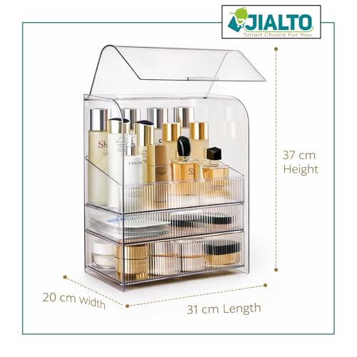Image of JIALTO Makeup Organizer with Drawer Storage, Transparent Cosmetic Organizer Box with Dustproof Cover, Skincare Perfume Storage Case for Dressing Table, Bathroom Vanity Organiser for Women -Transparent