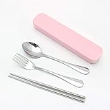 Portable Reusable Flatware Set Travel / Camping Cutlery Set with Travel Box 3 Piece Stainless Steel (Chopsticks, Fork, Spoon) Reusable Lunch Box Utensils, Portable Travel Silverware Set (pink)