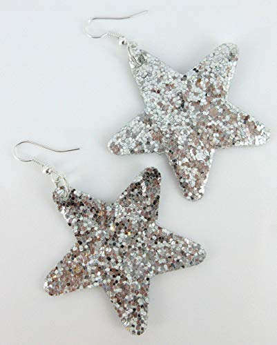 Glitter Faux Leather Large Star Dangle Earrings (Silver) #TOP3