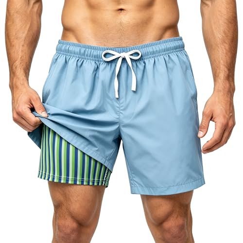 HomDesk Men's Swim Trunks, Swimsuit Quick Dry 2 in 1 Board Shorts Bathing Suits with Pockets Compression Liner Beach Shorts Light Blue
