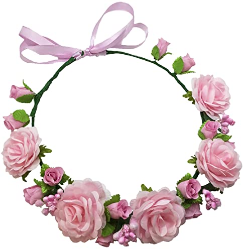 SIZSNM Flower Crown Woman Floral Headpiece - Artificial White Pink Roses Wedding - Bridal Boho Wreath