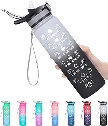 MEITAGIE Water Bottles with Straw and Buckle Handle, 1 Litre BPA Free Water Bottle with Time Markings Leak-proof Perfect for Fitness Gym Camping Outdoor Sports