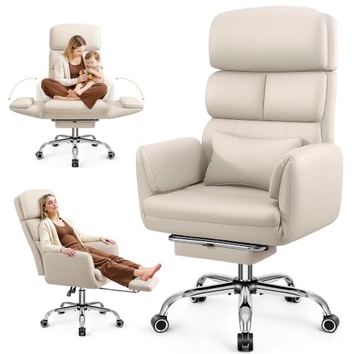 Image of Big and Tall Office Chair 500LBS, Ergonomic High Back Leather Executive Chair, Reclining Swivel with Adjustable Armrests Lumbar Support Footrest, Cross Legged, Beige