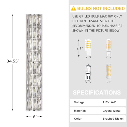 Image of 2 Pack 8 Light Modern Concise 34.55 inch Polyhedral Crystal Shade Wall Sconce Light Fixtures,Brushed Nickel Finish for Bathroom,Bedroom Living Room Bedside G9 Base