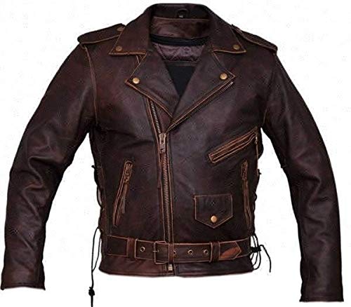 Image of Men's Leather Jacket Cafe Racer Biker Style Retro Stripes Jacket, Motorcycle Racing Leather Jacket Men