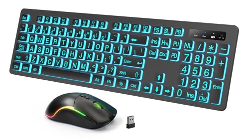 Backlit Large Print Wireless Keyboard and Mouse Combo, 2.4G Full Size Keyboards with Light Up Large Keys, Oversize Letters Keys Easy to See and Type, Quiet Keyboard Mouse for Windows, Laptop, PC