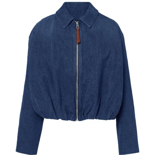HUEOBIR Womens Denim Bomber Jacket Zip Up Draped Loose Fit Collared Casual Lightweight Trendy Jean Jackets(navy, L)