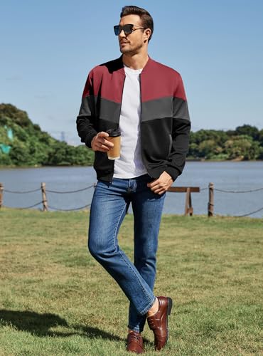 Image of Men's Lightweight Varsity Jacket Casual Bomber Jacket Stylish Color Block Coat