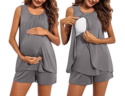 Image of Ekouaer Women Maternity Nursing Pajama Set Breastfeeding Sleepwear Double Layer Sleeveless Top & Shorts Pregnancy PJS