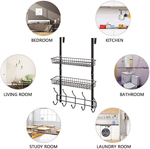 UOMIO Over The Door Storage Rack with Hooks Bedroom Storage Shelf Heavy Duty Steel Coat Rack Basket Holder Over Door Racks Towel Hooks with 5 Hooks & 2 Baskets for Bathroom, Bedroom, Office(Brown)