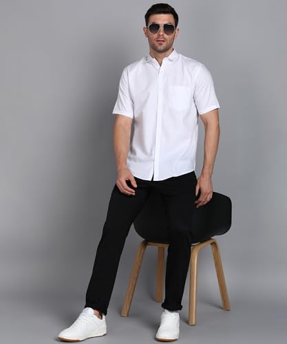 Image of MILDIN Men's Cotton Blend Solid Shirt with Spread Collared Half Sleeve Curved Hemline Button Closure Regular Fit and One Pocket | Half Sleeve Shirt for Men