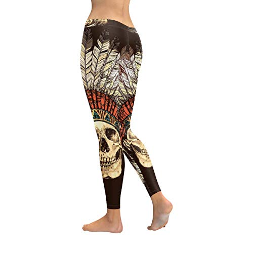 InterestPrint Women\'s Stretchy Yoga Pants Hand Drawn Native American Indian Headdress with Human Skull Running Workout Active Leggings 2XL