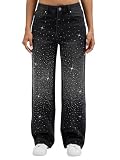 Wanduyini Rhinestone Straight Leg Jeans for Women Teen Girls Bling Loose Fit Denim Pants for Party Music Festival (Wash Black, S)