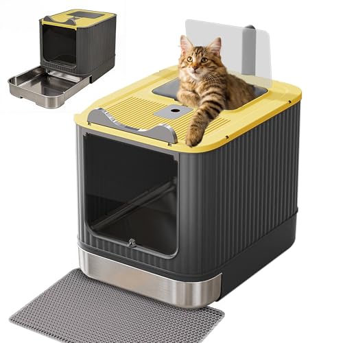Tehoao Stainless Steel Enclosed Litter Box with Lid, Covered Metal Litter Boxes, Foldable Hooded Cat Litter Box with Drawer, Odorless, Easy to Clean, Including Cat Litter Scoop and Litter Mat, Yellow