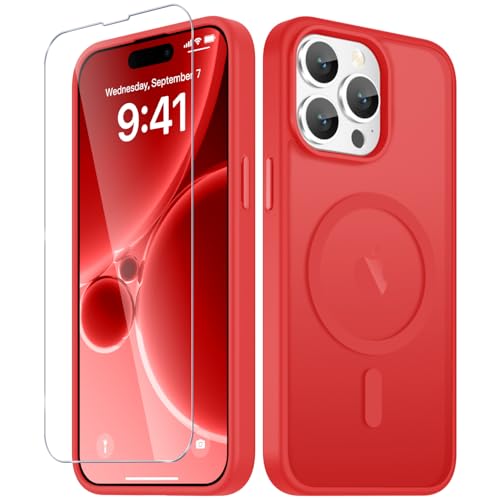 Image of YENAPOON for iPhone 14 Pro Max Case, Matte Magnetic Phone Cover [with 1 Screen Protector] [Support for MagSafe] [Shockproof Military Grade Protection] Translucent Frosted Back, Red