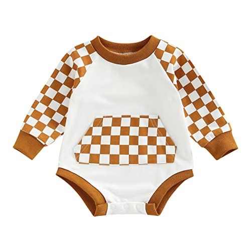 Image of Newborn Baby Boy Girl Romper Checkboard Long Sleeve Sweater Top Fall Winter Neutral Bodysuits Clothes (Khaki, 3-6 Months)