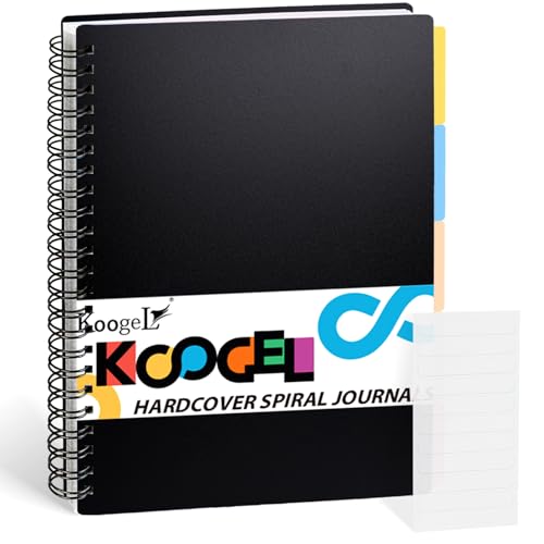 Koogel Hardcover Spiral Notebook with Tabs, A4 College Ruled Journals with Deviders 5 Subject Project Spiral Notebook Perforated Edges for School Office, Black