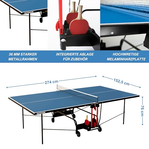 Bandito Profi Tischtennisplatte - Made in Germany, TÜV geprüft, Outdoor & Indoor, Ping Pong Tisch, Turniermaß, klappbar, leicht verstaubar, wasserabweisend, mit Rollen & Netz, 4 mm Melaminharzplatte – Bild 5