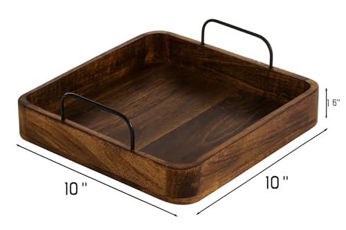 Image of Craft Expertise Wooden Serving Tray Square for Tea Coffee & Drinks | Solid Wood Dining Table Tray for Home & Kitchen | Rustic Coffee & Tea Serving Tray with Handles | 10 x 10 x 1.5 Inches