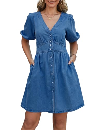Denim Dress for Women A-line Denim V Neck Puff Sleeve Jean Dress