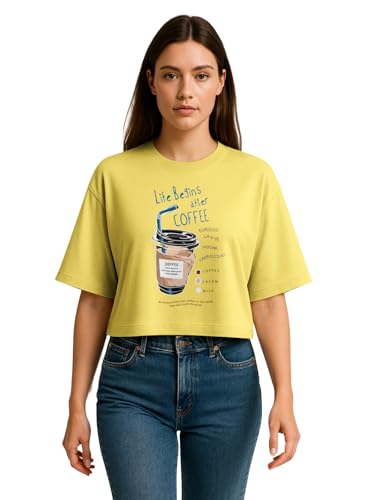 Image of HELLCAT Beige Printed Loose Fit Crew-Neck Crop T-Shirt for Women