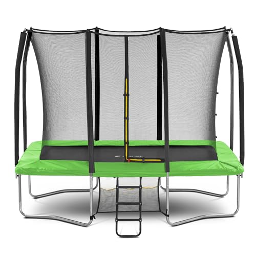 Exacme 7X10 8X12 Foot Rectangle Trampoline for Kids, Double Enclosure Openings, Small Outdoor Rectangular Trampoline with Enclosure Net, 4 Wind Stakes, Storage Bag, 330LB Capacity (Green, 9×14 Feet)