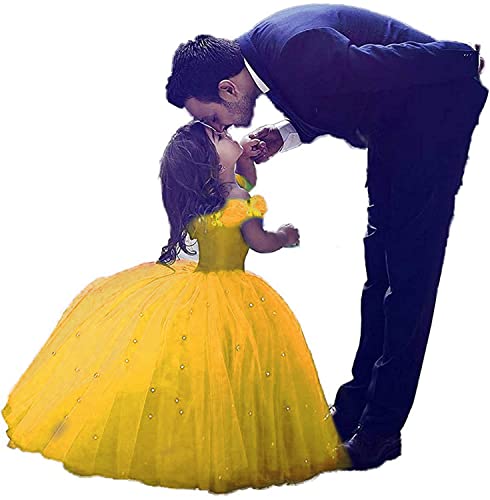 Girls Cinderella Princess Pageant Ball Gowns Kids Tulle Flower Girls Dresses Gold Size 4 #TOP22