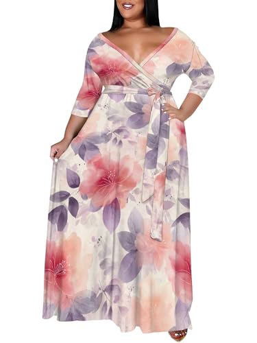 Image of SUZONANA Plus Size Maxi Dresses for Curcy Women Casual Loose 3 /4 Sleeve Long Dress with Belt