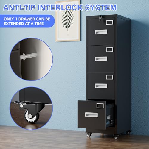 Image of Aobabo 4 Drawer Metal File Cabinet with Lock and Wheels,Black | 15.7 inchD x 17.7 inchW x 53.2 inchH metal filing cabinet for letter /legal files and small office storage.