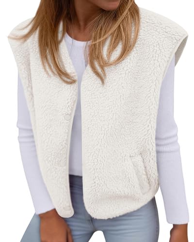 KIRUNDO Women's Fall Winter Fleece Vest 2025 Trendy Sleeveless Sherpa Jacket Button Down Open Front Fuzzy Warm Outerwear(White, Medium)