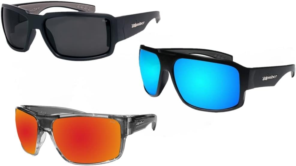 BOMBER Safety Sunglasses BOOGIE, MEGA and MANA Bomb Bundle, PC Safety Lens, Non-Slip Foam Lining, ANSI Z87+ Compliant, UVA/UVB Protection, Safe for Rugged Activity, Wet Conditions