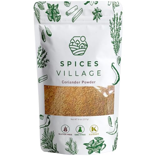 SPICES VILLAGE Ground Coriander, Dried Coriander Seeds Powder, 8 oz, Kosher Certified, All Natural Roasted Indian Spice for Seasoning and Cooking, Gluten Free, Non GMO, Resealable Bulk Bag